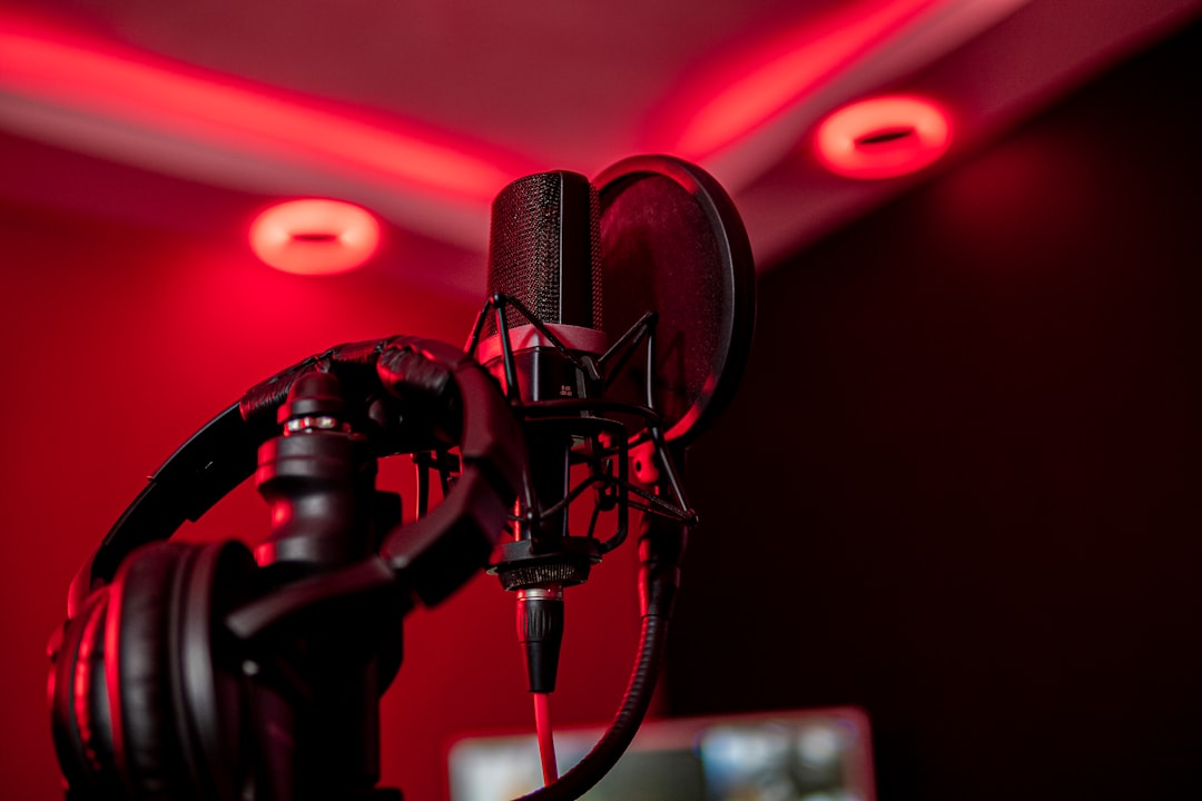a microphone and headphones in a dark room
