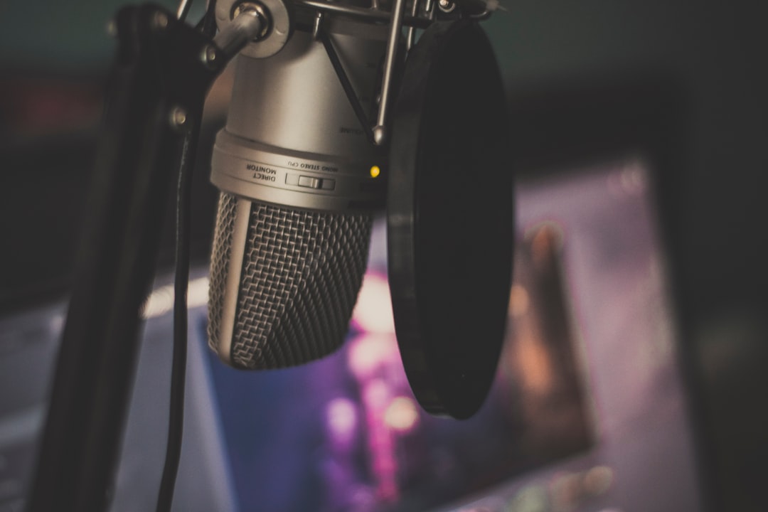 focus photography of gray condenser microphone and pop filter