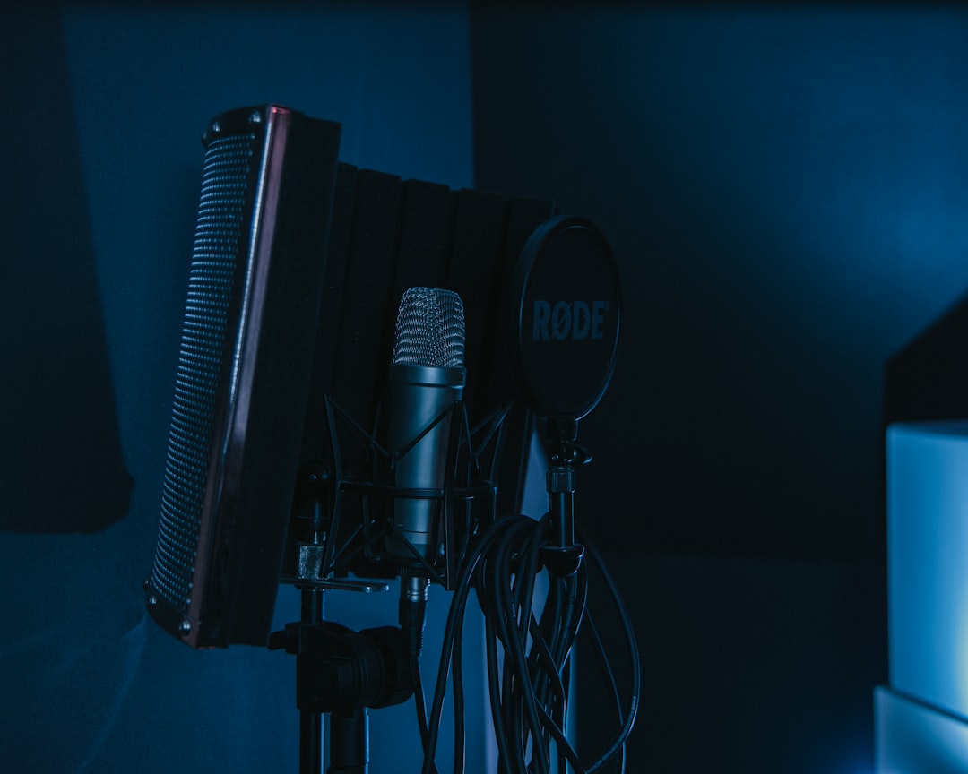 a microphone and a microphone stand in a dark room