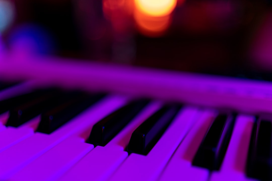 a close up of a piano keyboard with a blurry background